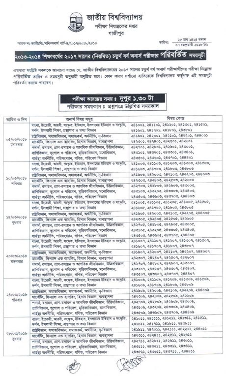 জাতীয় বিশ্ববিদ্যালয়ের ২০১৭ সালের অনার্স ৪র্থ বর্ষ পরীক্ষার পরিবর্তিত সময়সূচী