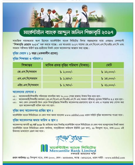 মার্কেন্টাইল ব্যাংক আব্দুল জলিল শিক্ষাবৃত্তি ২০১৭ এর বিজ্ঞপ্তি