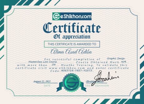 Certificate for User Alima Asad Adiba