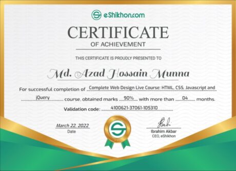 Certificate for User Md. Azad Hossain Munna