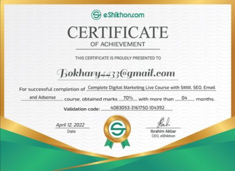 Certificate for User bokhary4433@gmail.com