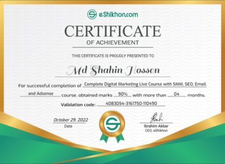 Certificate for User Md Shahin Hossen