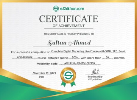 Certificate for User Sultan Ahmed