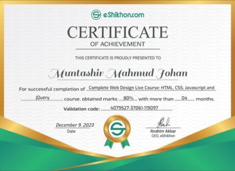 Certificate for User Muntashir Mahmud Johan